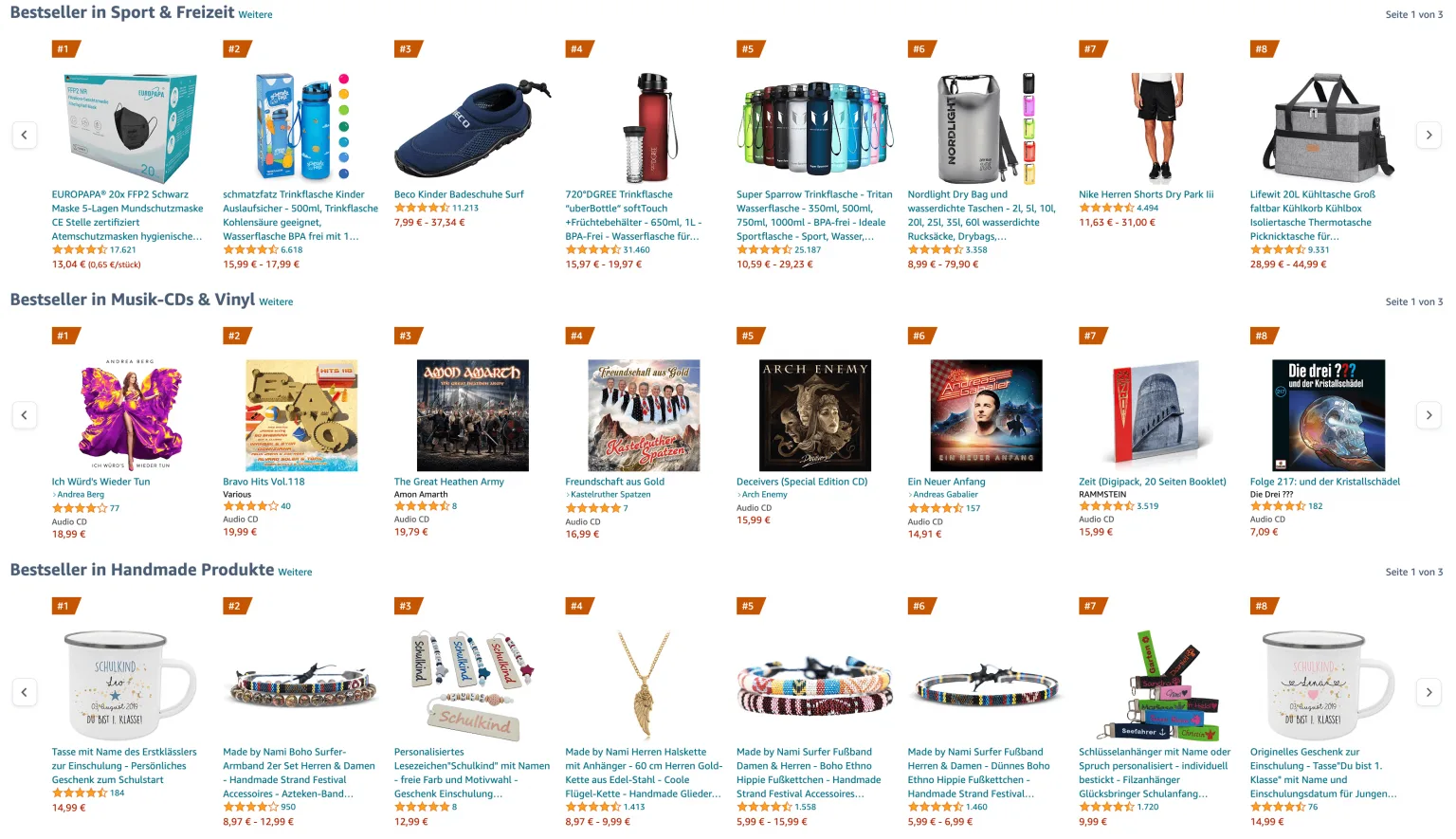Bestseller Amazon de sport, musik handmade produkte.