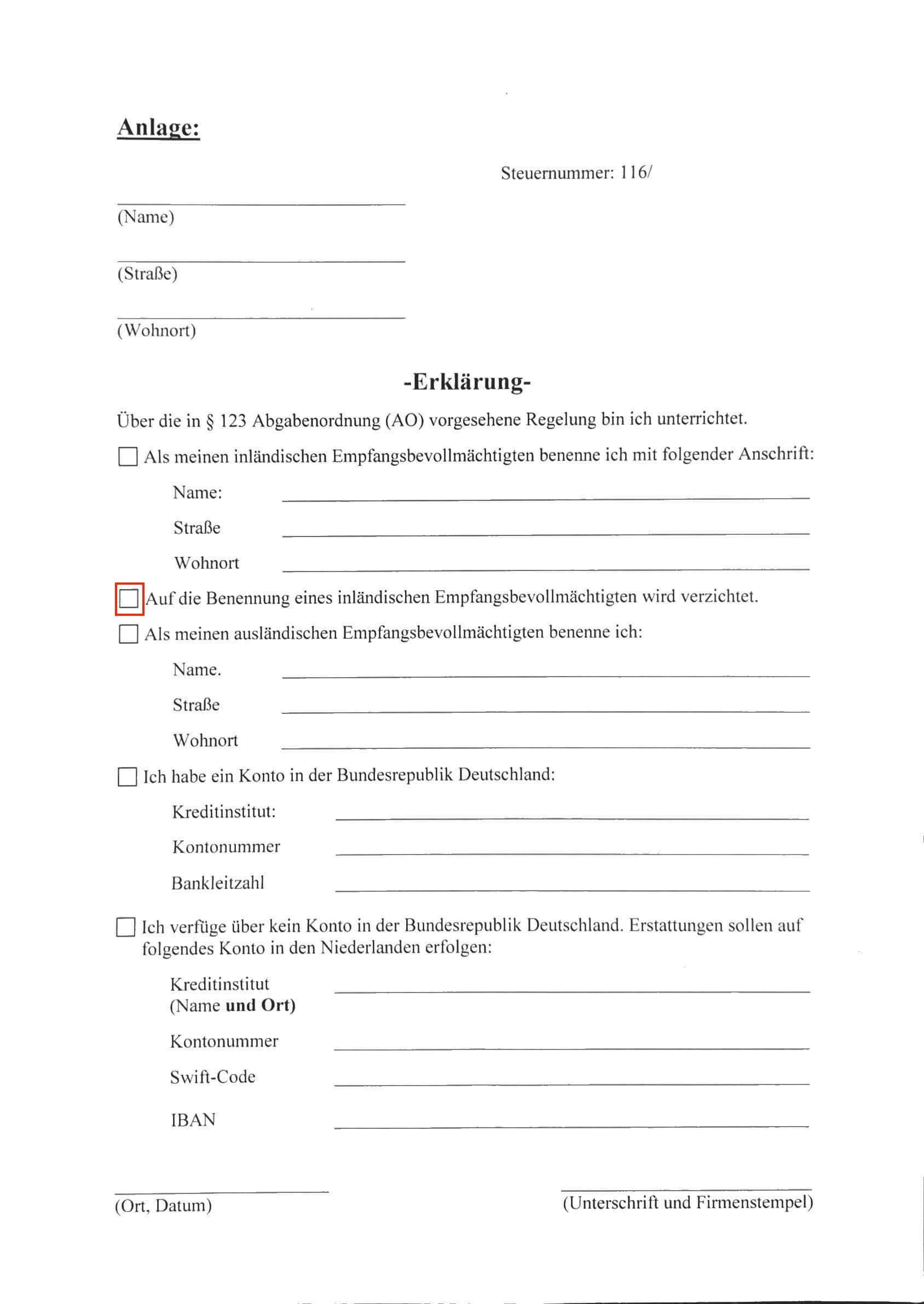 Duitse vertegenwoordiger aanstellen formulier