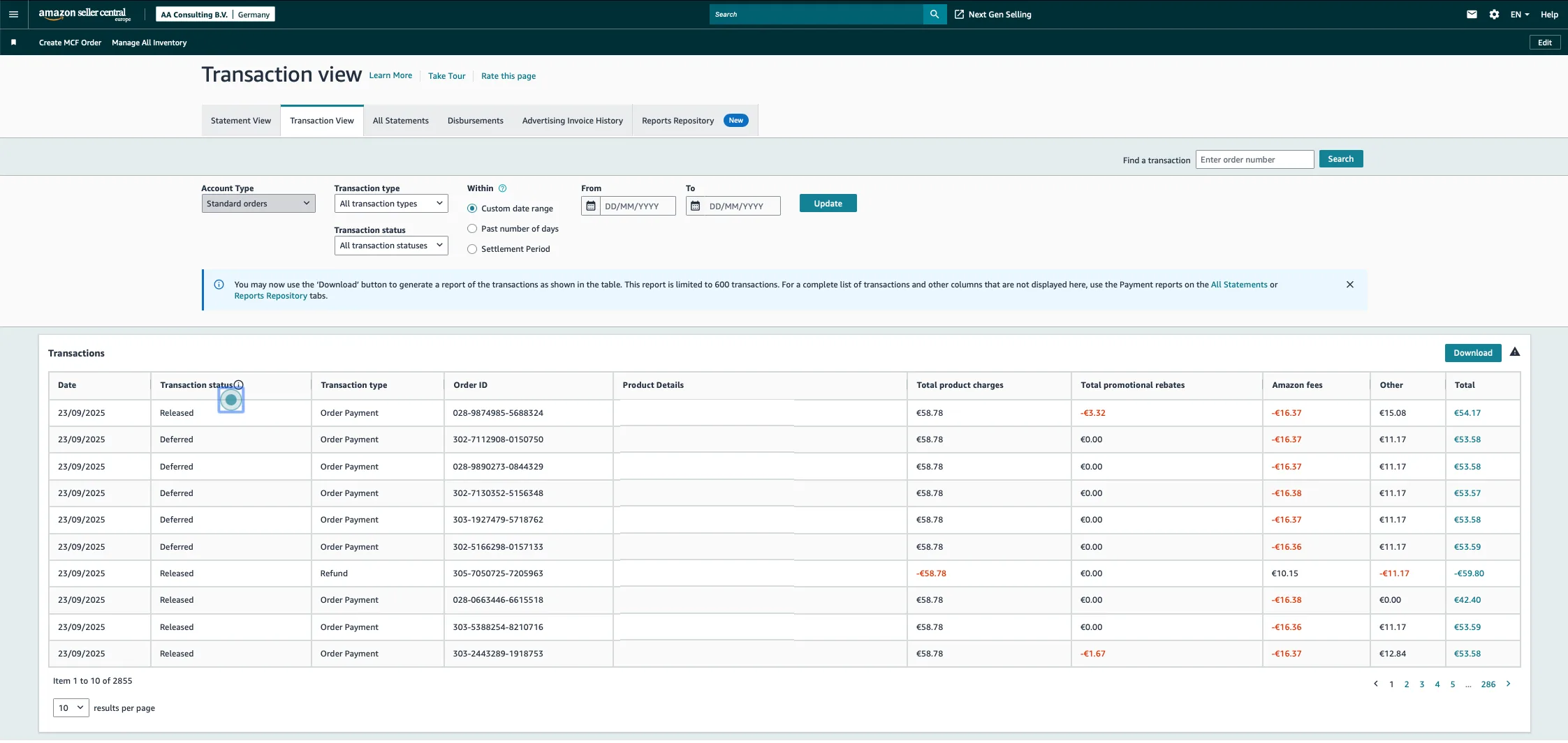 Transaction view Amazon seller central amazonadvies