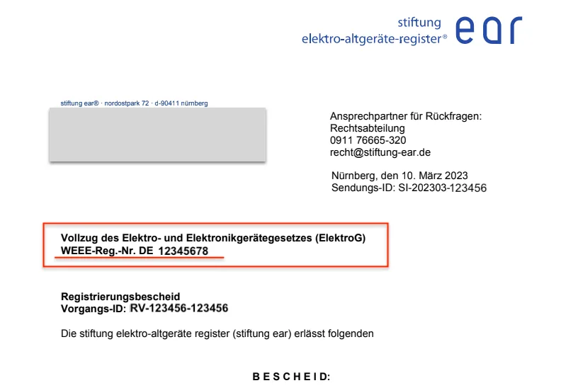 WEEE number ElektroG WEEE-Reg.Nr. registration number Germany WEEE registratie nummer voor Amazon Duitsland